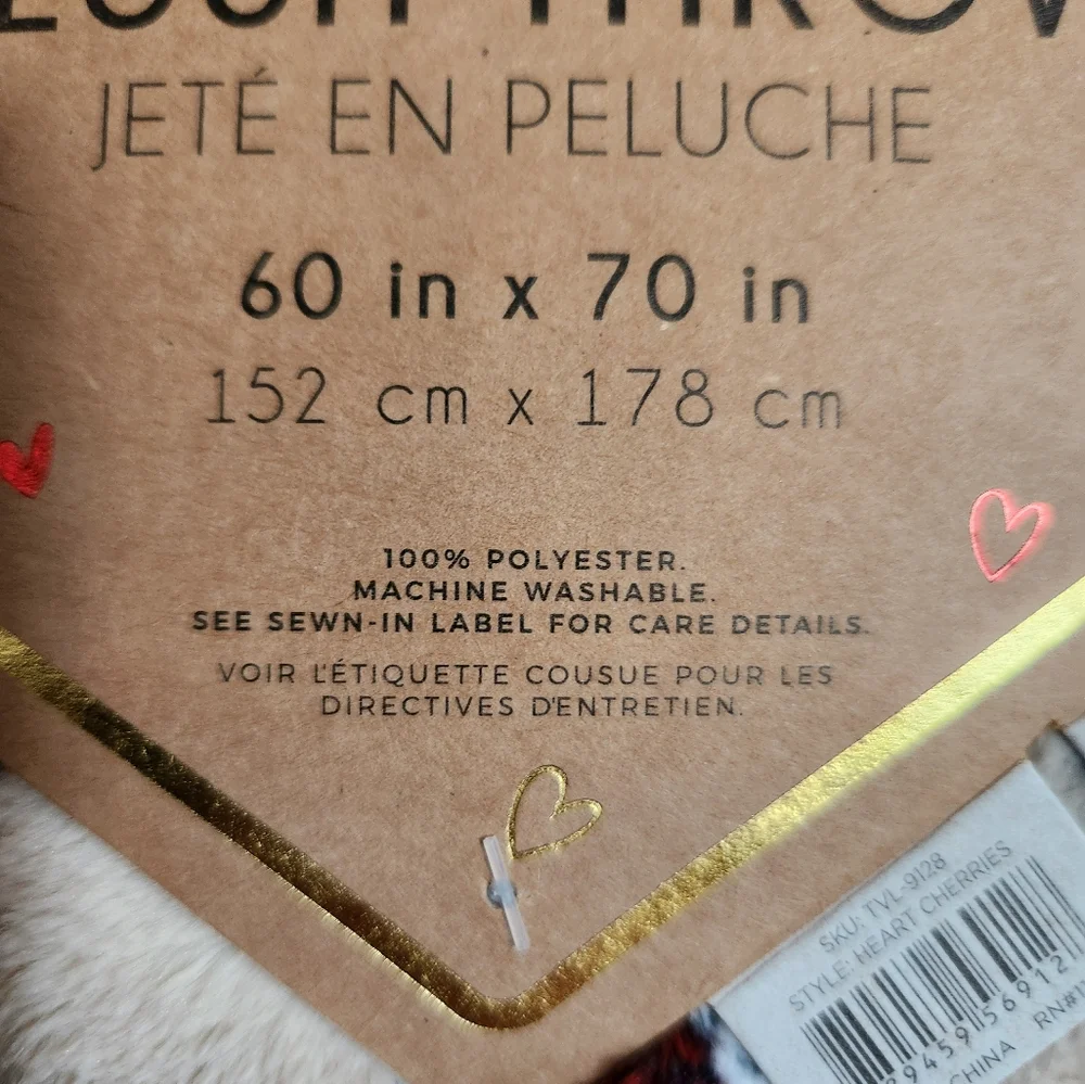 Cherry hearts plush throw blanket tan red 60